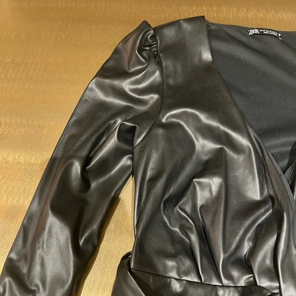 Black Leather V-neck Mini Dress - Picture 4 of 5